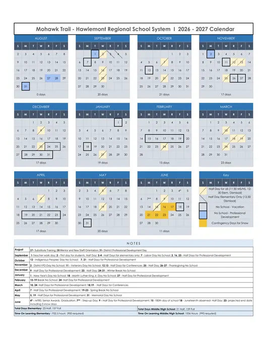 Mohawk Trail - Hawlemont Regional School System 2026–2027 Academic Calendar
