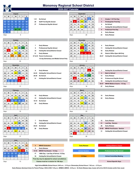 Monomoy Regional School District 2026–2027 Academic Calendar