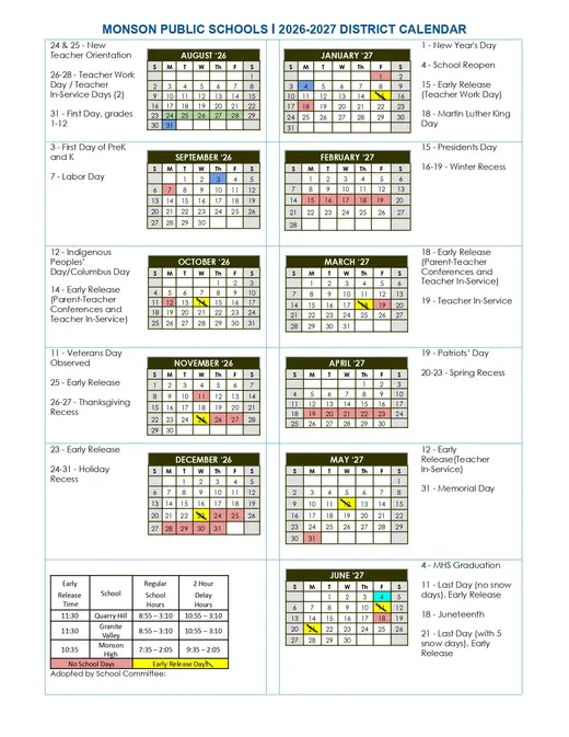 Monson Public Schools 2026–2027 Academic Calendar