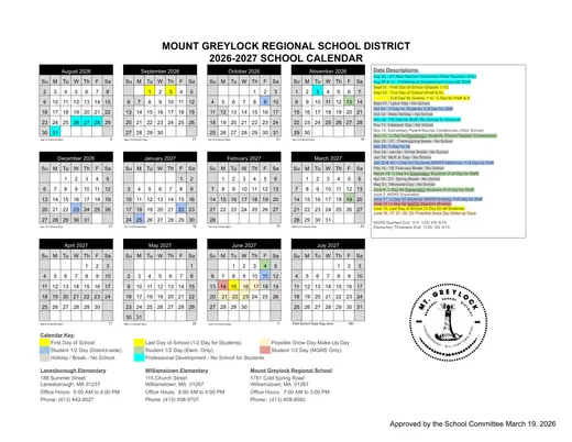 Mount Greylock Regional School District 2026–2027 Academic Calendar