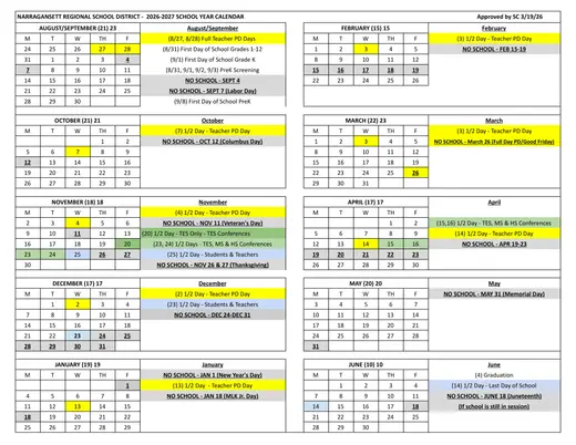 Narragansett Regional School District 2026–2027 Academic Calendar Page 1