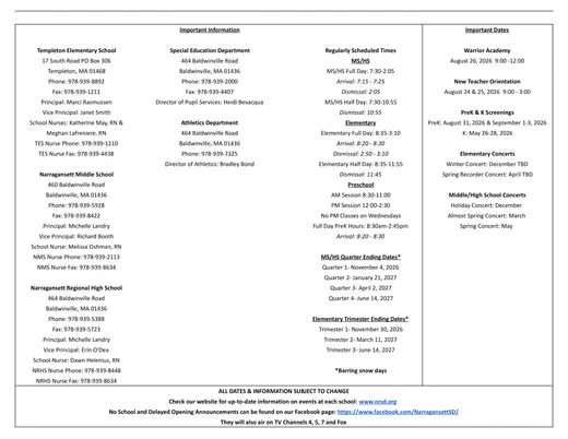 Narragansett Regional School District 2026–2027 Academic Calendar Page 2