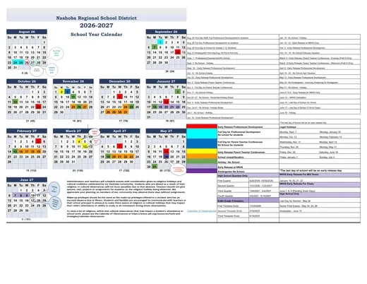 Nashoba Regional School District 2026–2027 Academic Calendar Page 1