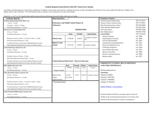 Nashoba Regional School District 2026–2027 Academic Calendar Page 2