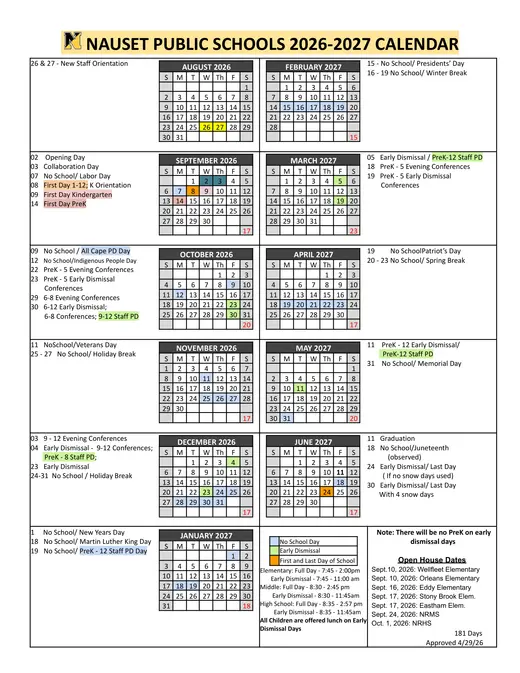Nauset Public Schools 2026–2027 Academic Calendar Page 1