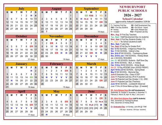 Newburyport Public Schools 2026–2027 Academic Calendar
