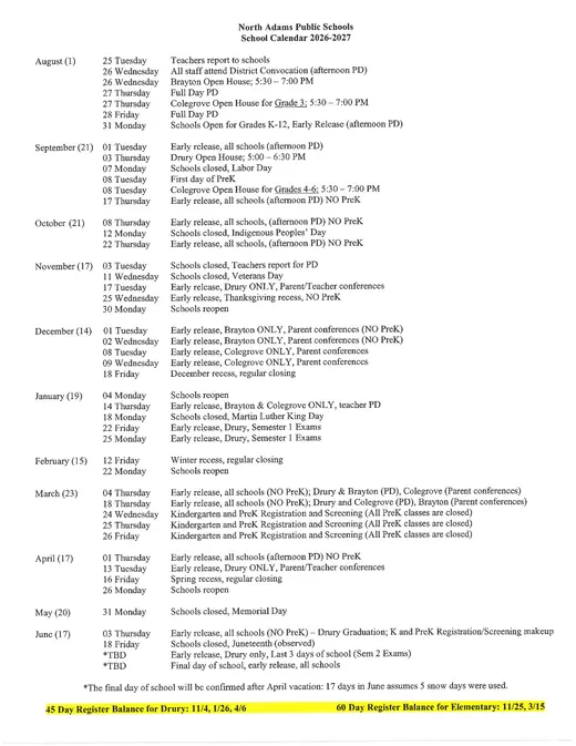 North Adams Public Schools 2026–2027 Academic Calendar Page 2