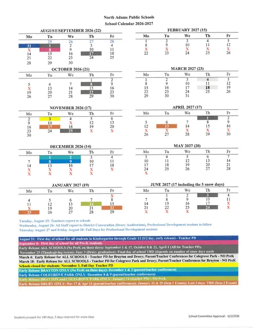 North Adams Public Schools 2026–2027 Academic Calendar Page 1
