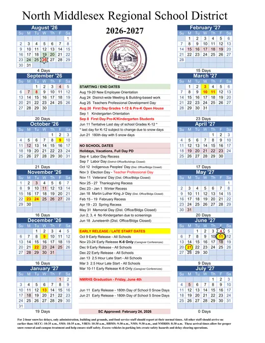 North Middlesex Regional School District 2026–2027 Academic Calendar Page 1