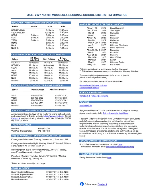 North Middlesex Regional School District 2026–2027 Academic Calendar Page 2