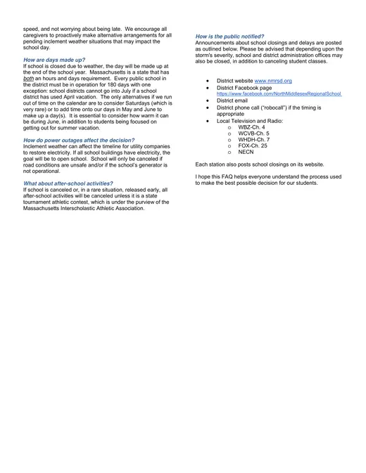 North Middlesex Regional School District 2026–2027 Academic Calendar Page 4