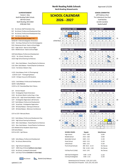 North Reading Public Schools 2026–2027 Academic Calendar