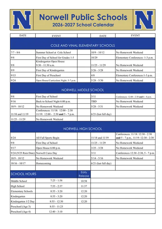 Norwell Public Schools 2026–2027 Academic Calendar