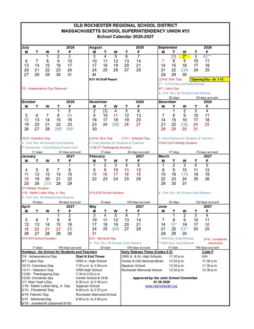 Old Rochester Regional School District 2026–2027 Academic Calendar