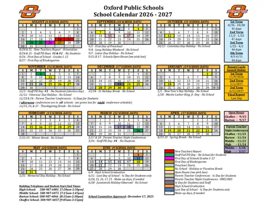 Oxford Public Schools 2026–2027 Academic Calendar