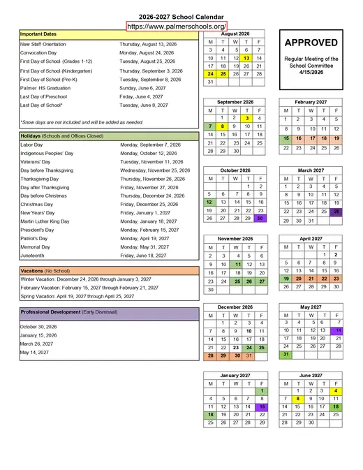 Palmer Public Schools 2026–2027 Academic Calendar