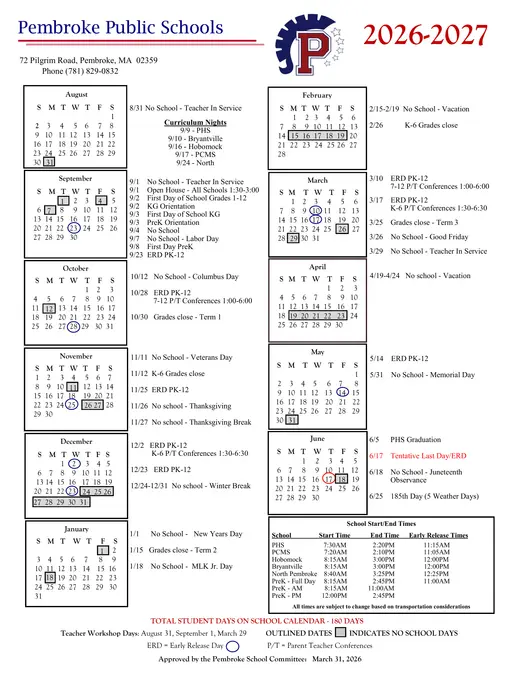 Pembroke Public Schools 2026–2027 Academic Calendar