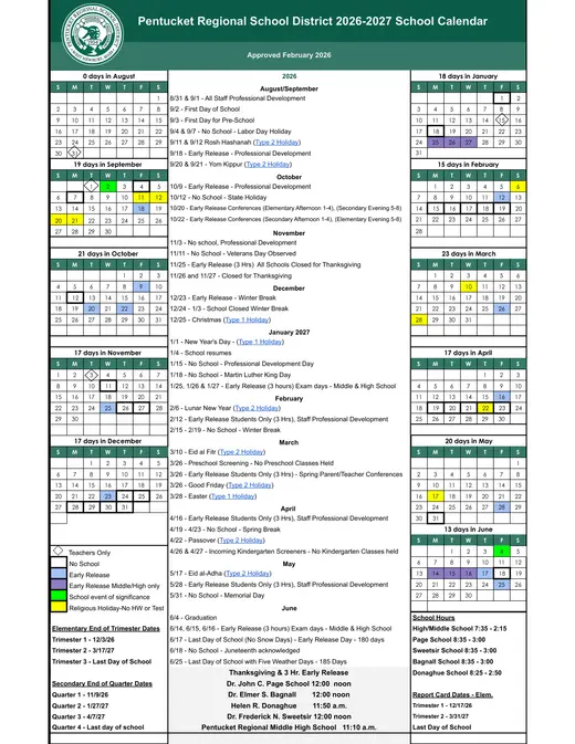 Pentucket Regional School District 2026–2027 Academic Calendar