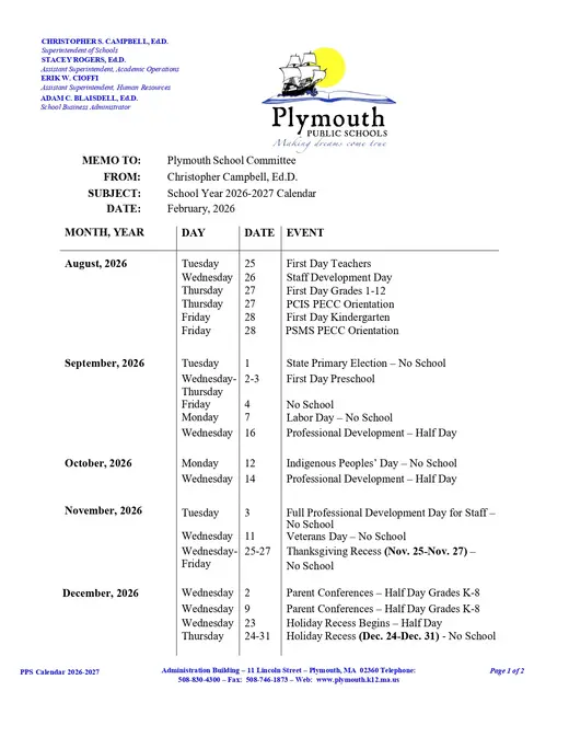 Plymouth Public Schools 2026–2027 Academic Calendar Page 1