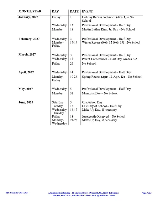 Plymouth Public Schools 2026–2027 Academic Calendar Page 2