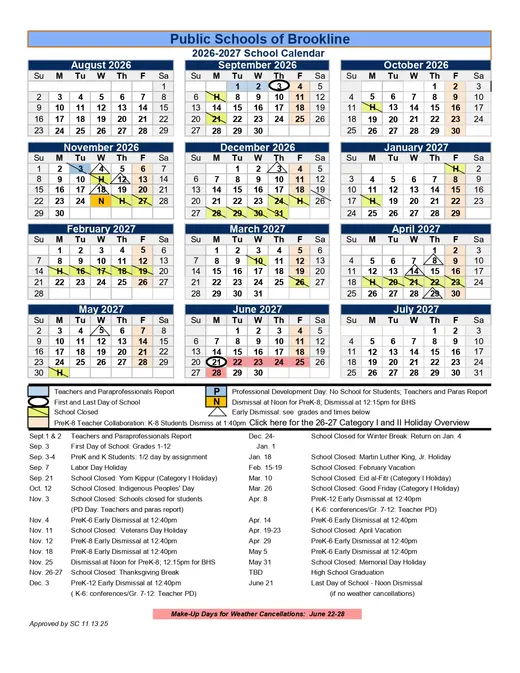 Public Schools of Brookline 2026–2027 Academic Calendar