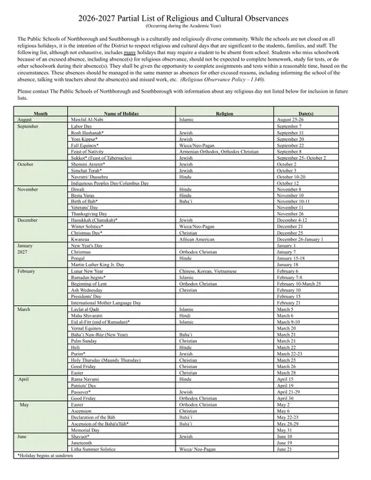 Public Schools of Northborough and Southborough 2026–2027 Academic Calendar Page 2