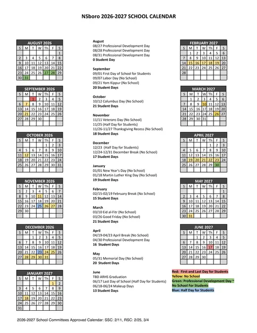 Public Schools of Northborough and Southborough 2026–2027 Academic Calendar Page 1