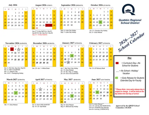Quabbin Regional School District 2026–2027 Academic Calendar