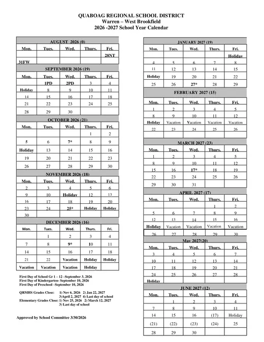 Quaboag Regional School District 2026–2027 Academic Calendar Page 1