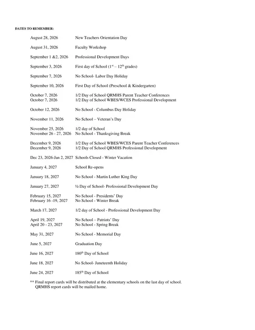 Quaboag Regional School District 2026–2027 Academic Calendar Page 2