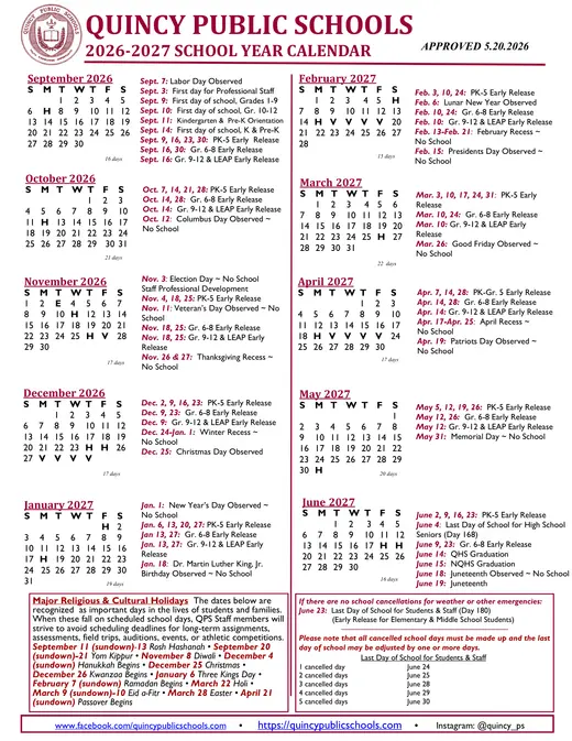 Quincy Public Schools 2026–2027 Academic Calendar Page 1