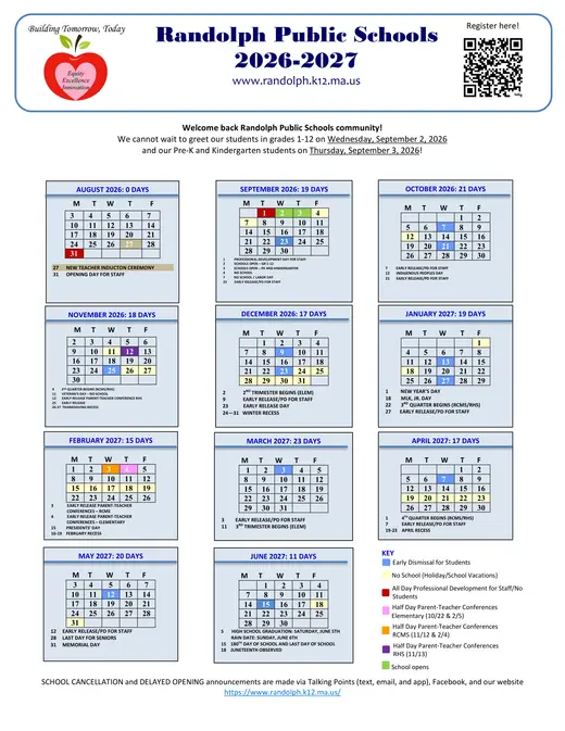 Randolph Public Schools 2026–2027 Academic Calendar
