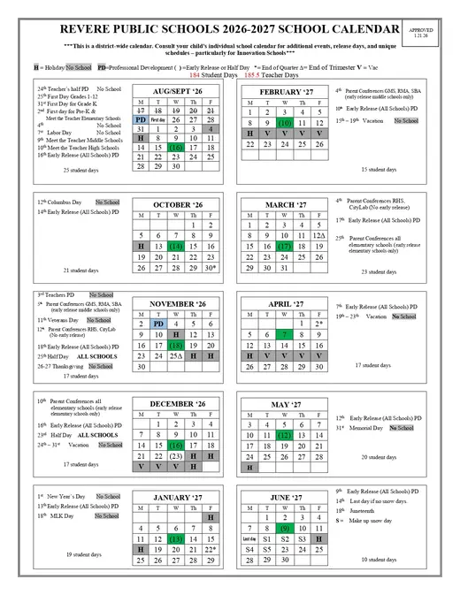 Revere Public Schools 2026–2027 Academic Calendar
