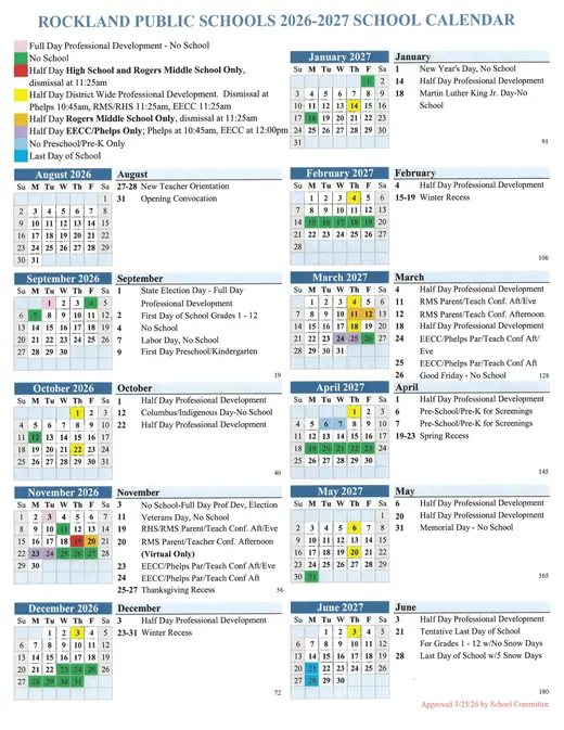 Rockland Public Schools 2026–2027 Academic Calendar