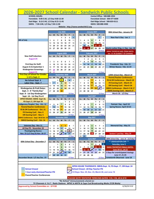 Sandwich Public Schools 2026–2027 Academic Calendar Page 1