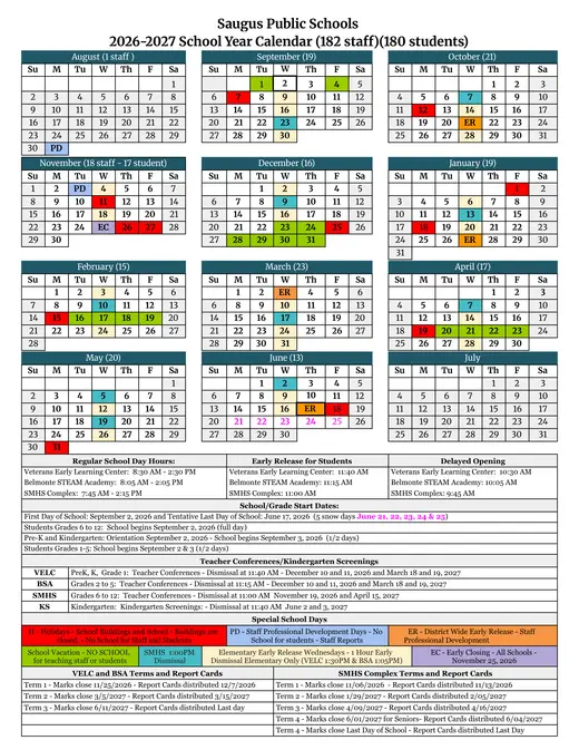 Saugus Public Schools 2026–2027 Academic Calendar