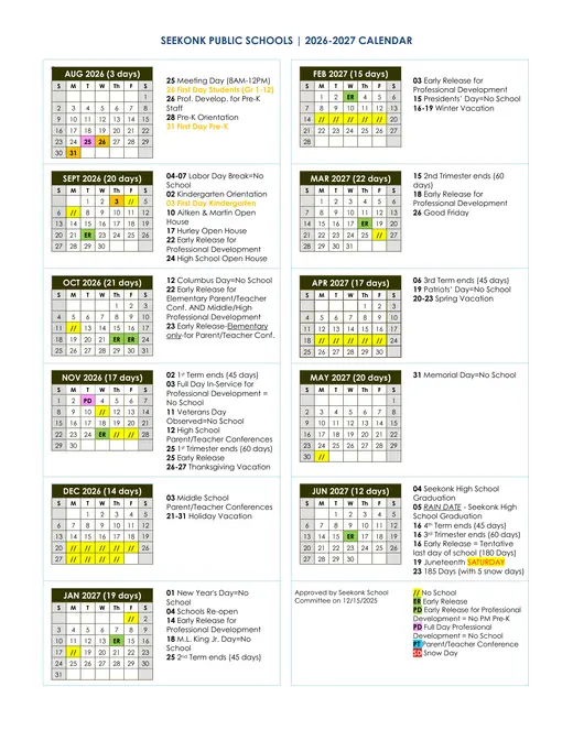Seekonk Public Schools 2026–2027 Academic Calendar