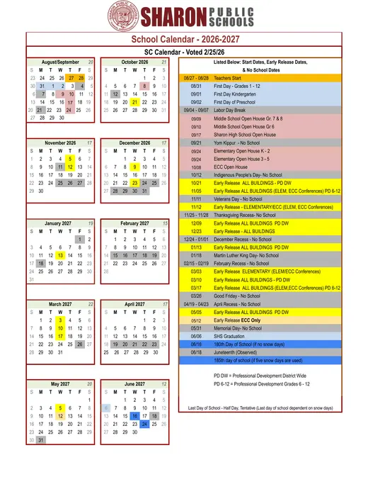 Sharon Public Schools 2026–2027 Academic Calendar