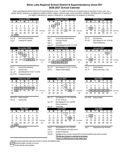 Silver Lake Regional School District &amp; Superintendency Union No.31 2026–2027 Academic Calendar Page 1