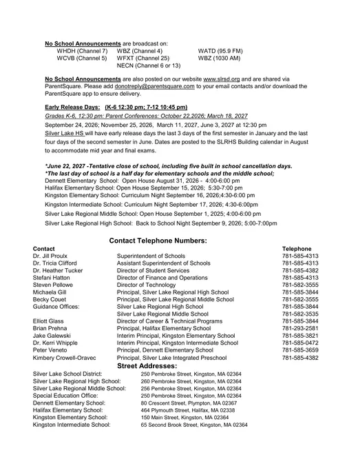 Silver Lake Regional School District &amp; Superintendency Union No.31 2026–2027 Academic Calendar Page 2