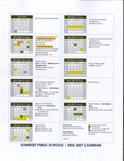 Somerset Public Schools 2026–2027 Academic Calendar