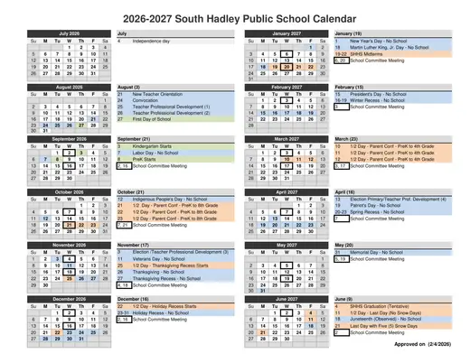 South Hadley Public Schools 2026–2027 Academic Calendar