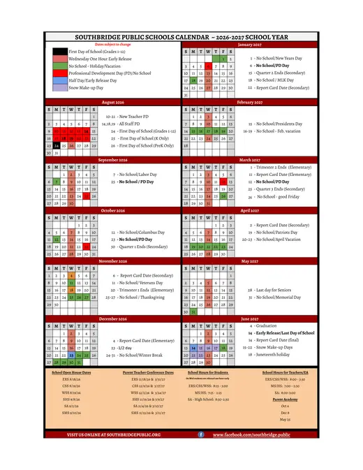 Southbridge Public Schools 2026–2027 Academic Calendar