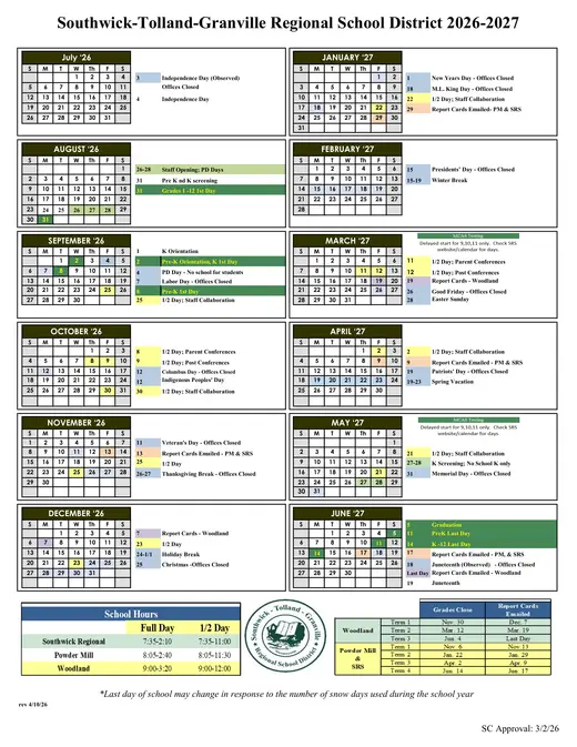 Southwick-Tolland-Granville Regional School District 2026–2027 Academic Calendar Page 1