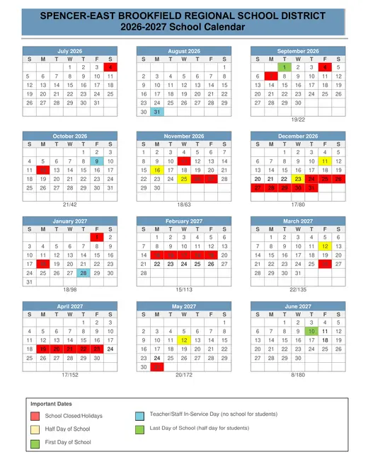 Spencer-East Brookfield Regional School District 2026–2027 Academic Calendar Page 1