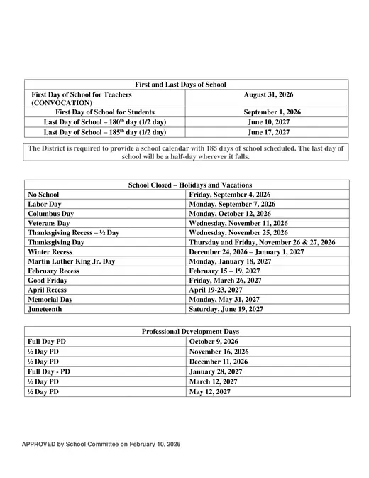 Spencer-East Brookfield Regional School District 2026–2027 Academic Calendar Page 2
