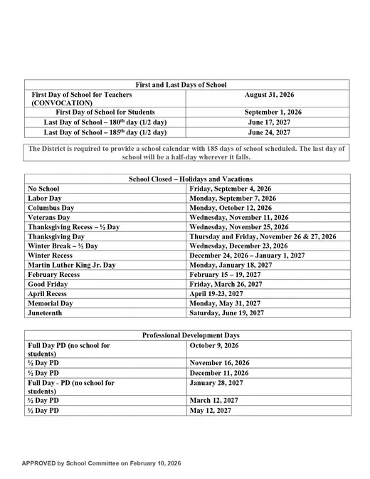 Spencer-East Brookfield Regional School 2026–2027 Academic Calendar Page 2