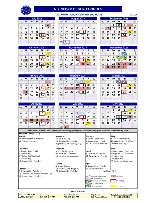 Stoneham Public Schools 2026–2027 Academic Calendar