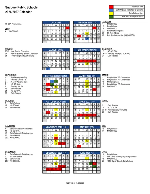 Sudbury Public Schools 2026–2027 Academic Calendar Page 1