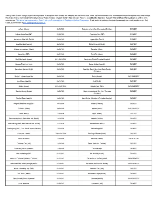 Sudbury Public Schools 2026–2027 Academic Calendar Page 2